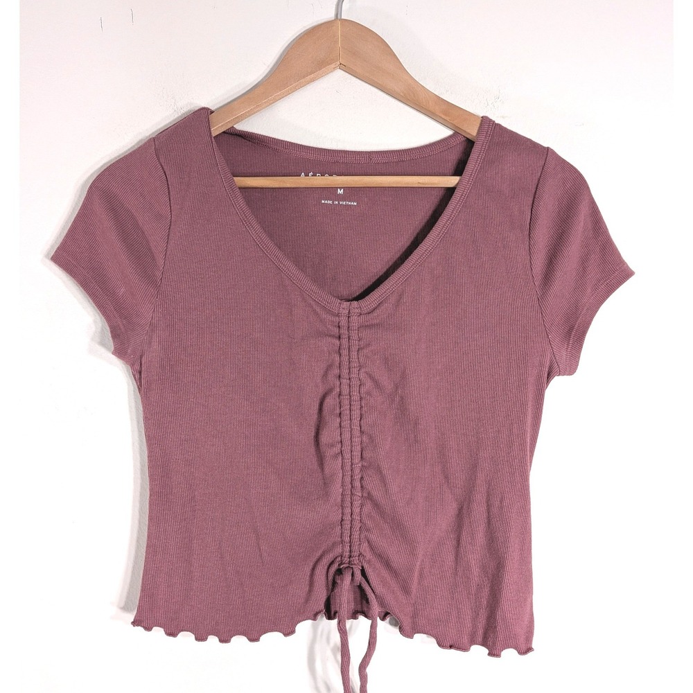 Aeropostale Mauve Ribbed Baby Tee Top; Cinched Front Lettuce Trim Short Sleeve
